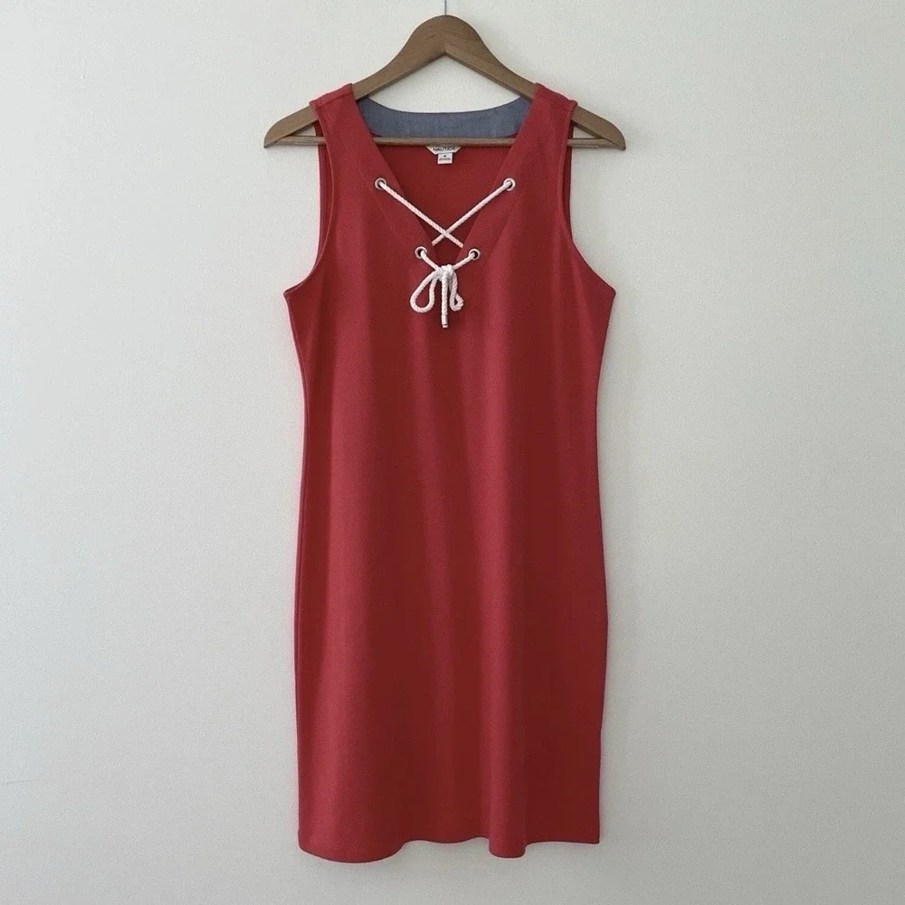 Nautica Women's Size Medium Coral Tie V-Neck 100% Cotton Shift Mini Dress NWOT